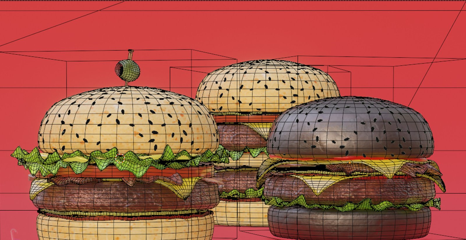 contoh 3D modeling makanan burger dengan wireframe di Blender untuk iklan produk
