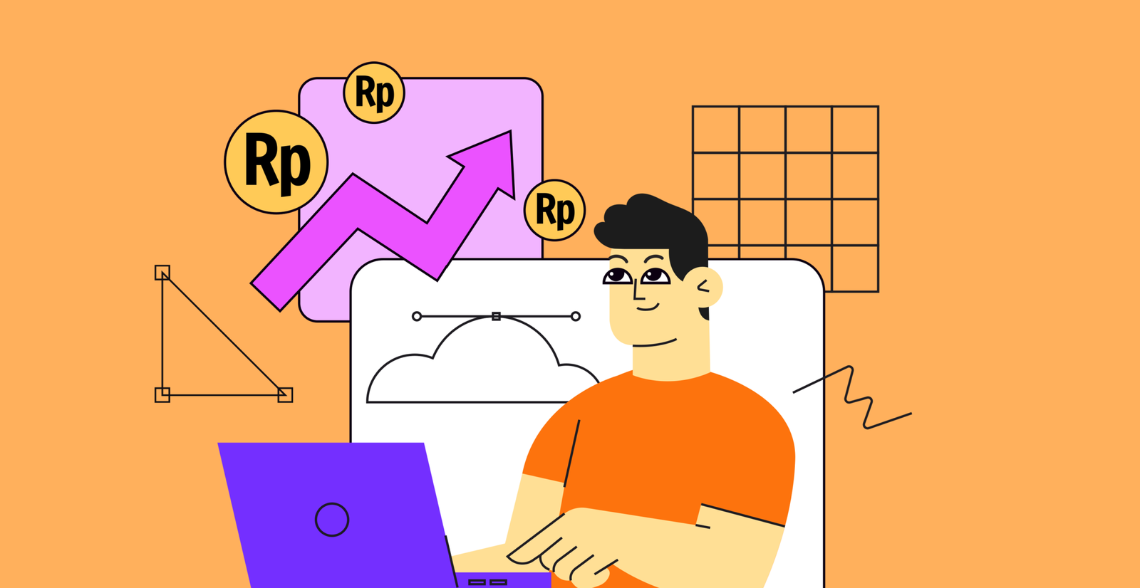 Ilustrasi graphic designer Indonesia bekerja dengan laptop, menampilkan ikon mata uang rupiah dan grafik pertumbuhan gaji