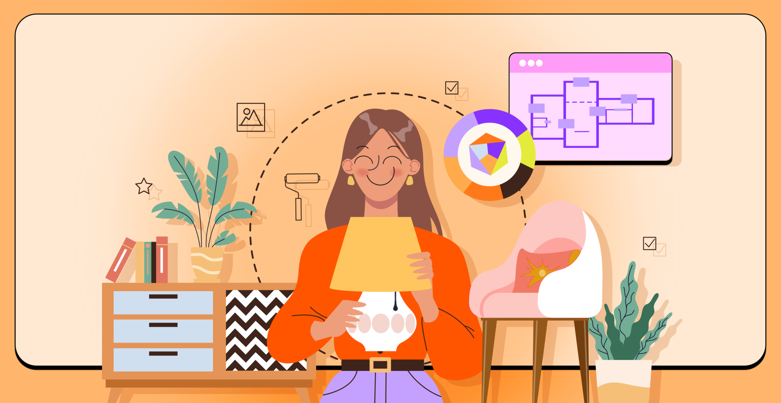 Ilustrasi interior designer perempuan bekerja dengan laptop dikelilingi elemen desain interior seperti tanaman, furnitur, dan floor plan digital 
