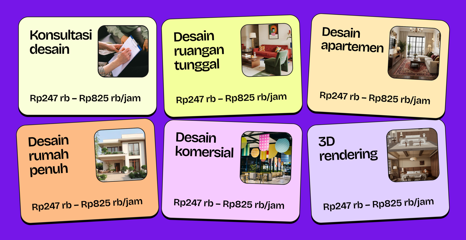Infografik harga per tipe proyek interior designer Indonesia: konsultasi desain, desain ruangan tunggal, desain apartemen, desain rumah penuh, desain komersial, dan 3D rendering