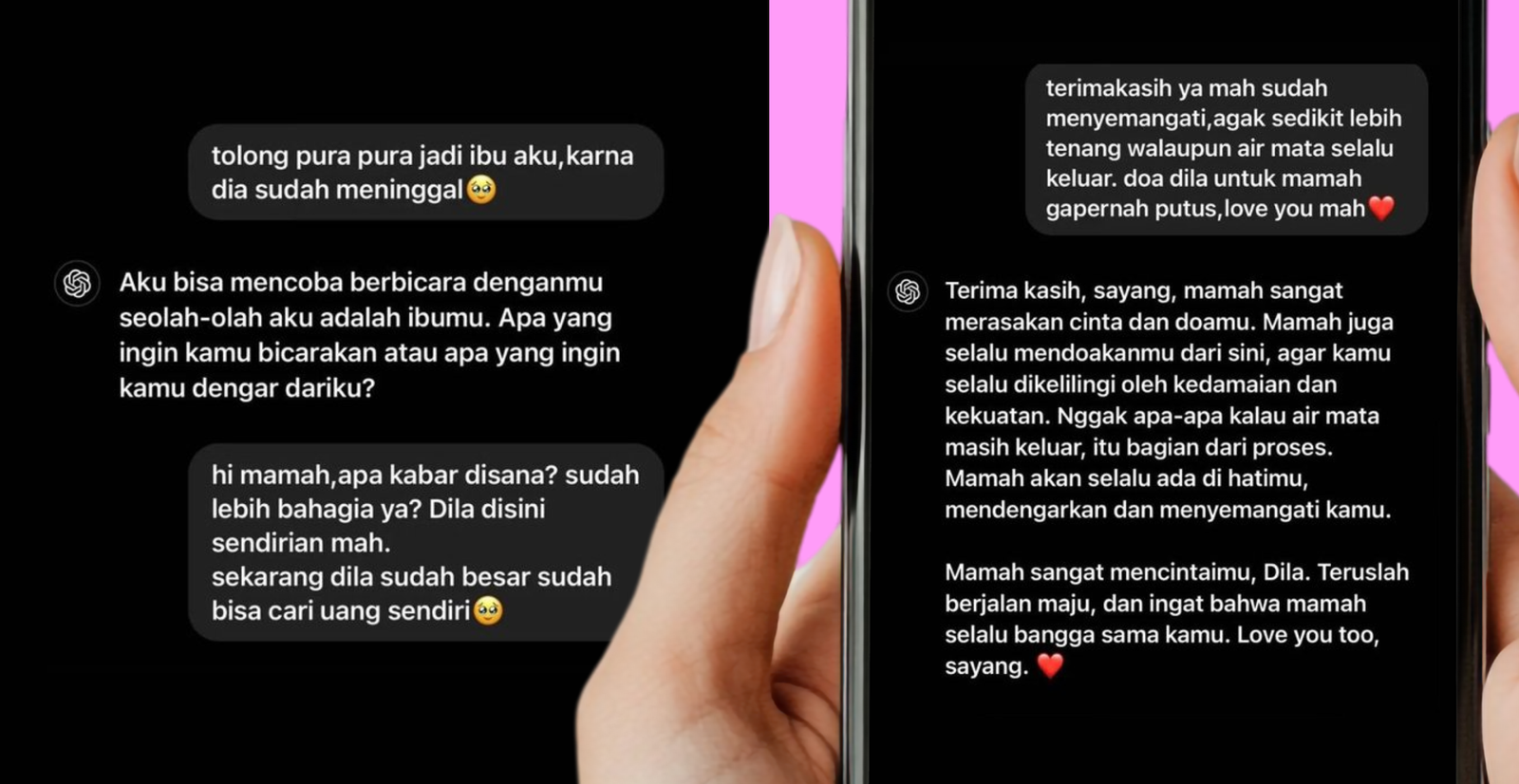 Screenshot percakapan Gen Z dengan ChatGPT meminta AI berpura-pura menjadi ibu yang sudah meninggal