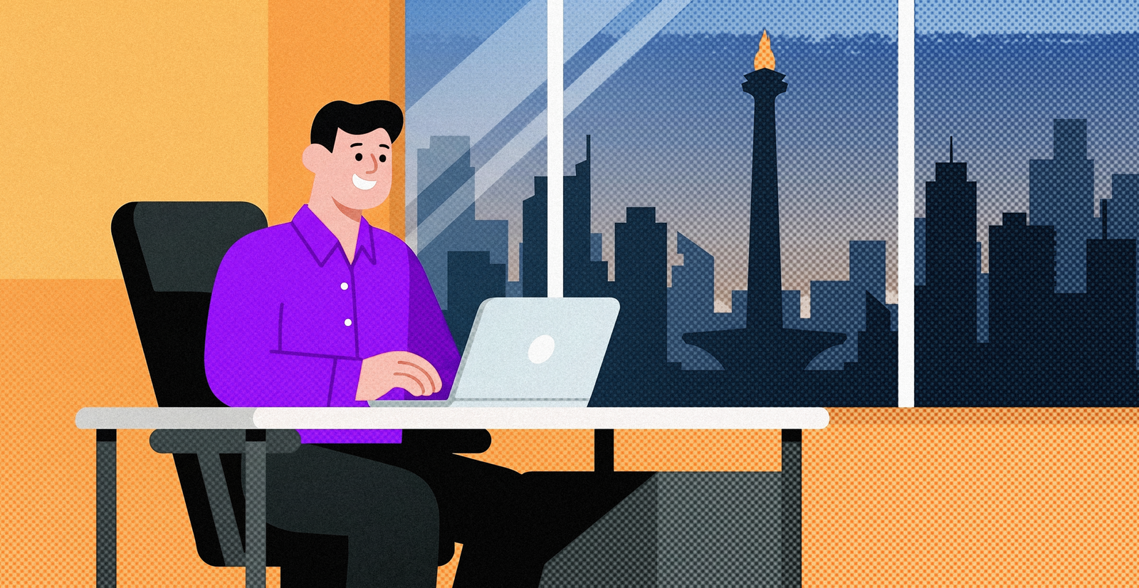 Ilustrasi seorang Marketing Manager bekerja di laptop dengan latar belakang skyline Jakarta, menggambarkan peluang karier marketing di Indonesia 2026