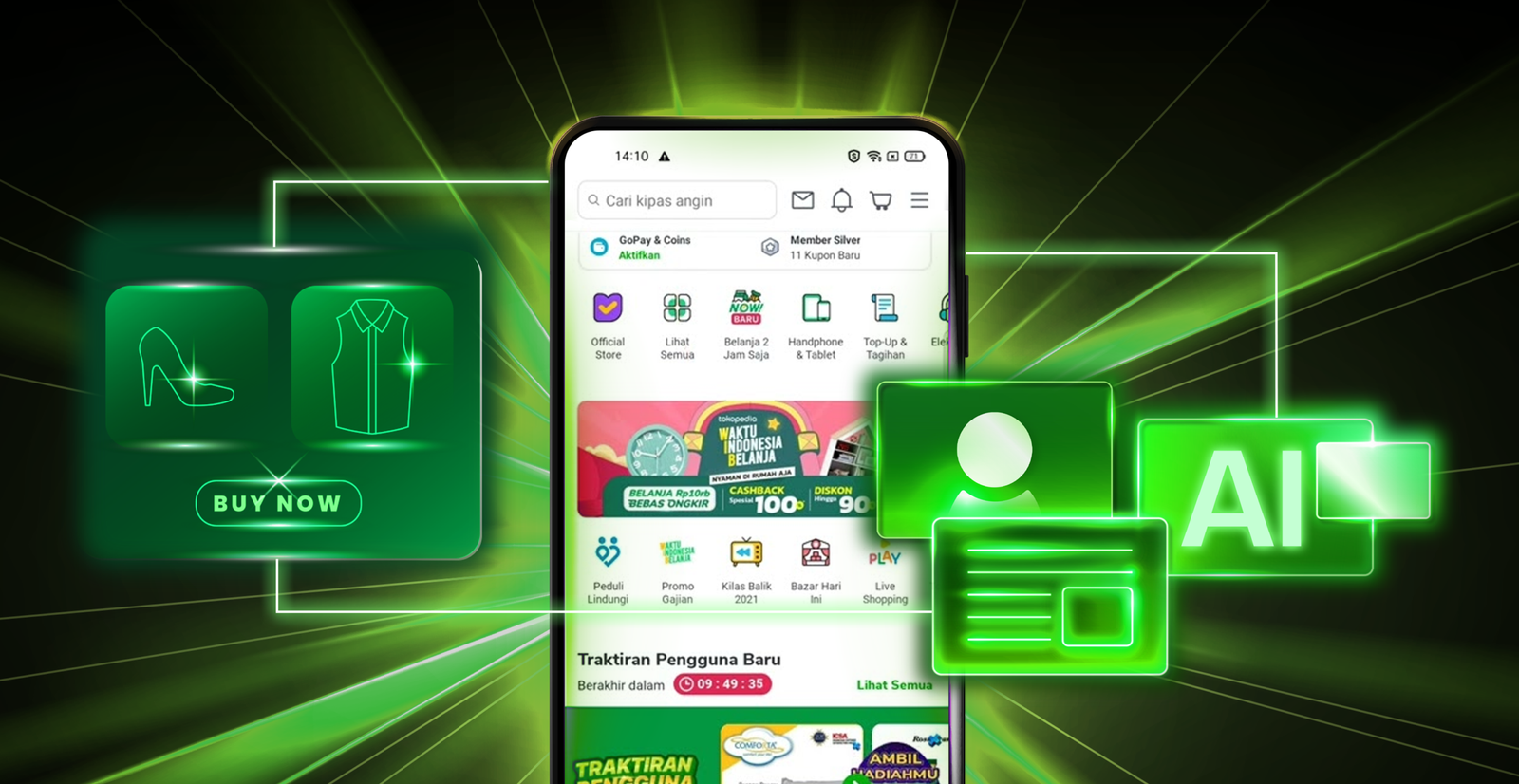 Tampilan aplikasi Tokopedia di smartphone dengan elemen visual AI dan produk, menggambarkan sistem rekomendasi berbasis kecerdasan buatan
