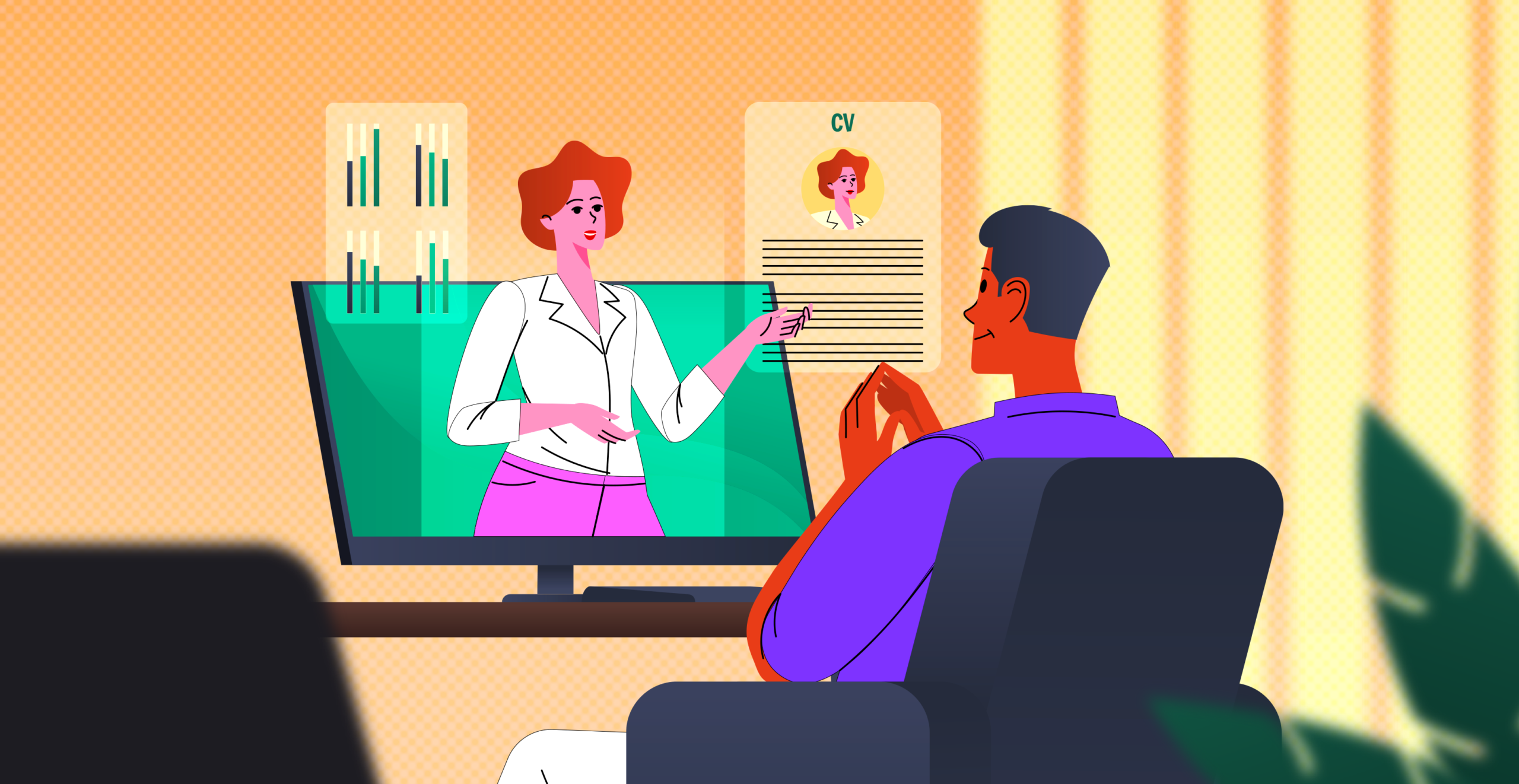 Ilustrasi sesi wawancara virtual antara kandidat dan pewawancara perusahaan global