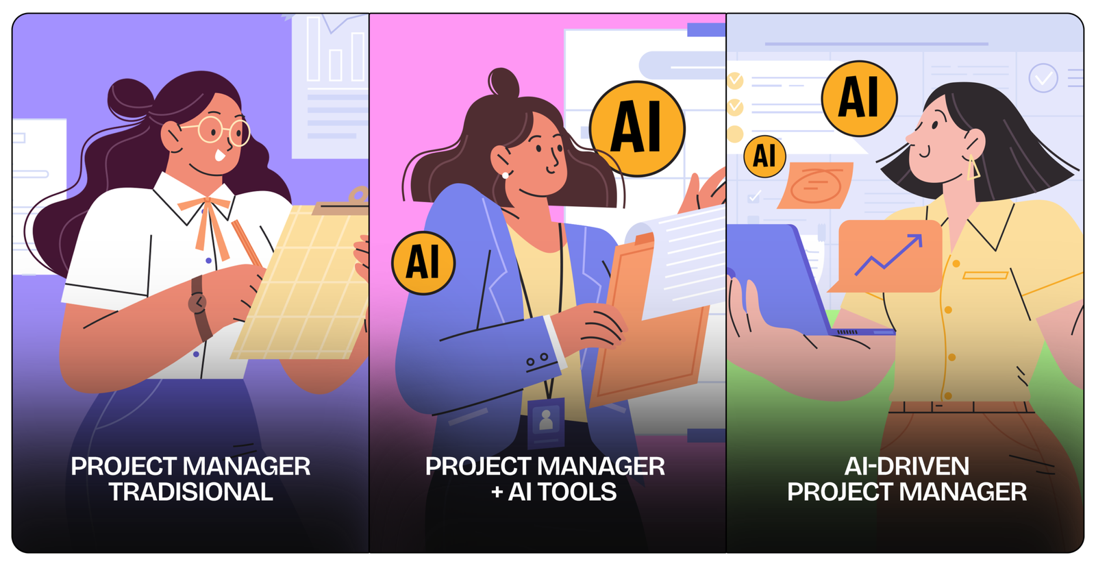 Ilustrasi evolusi peran Project Manager: dari PM Tradisional, ke PM yang menggunakan AI Tools, hingga menjadi AI-Driven Project Manager