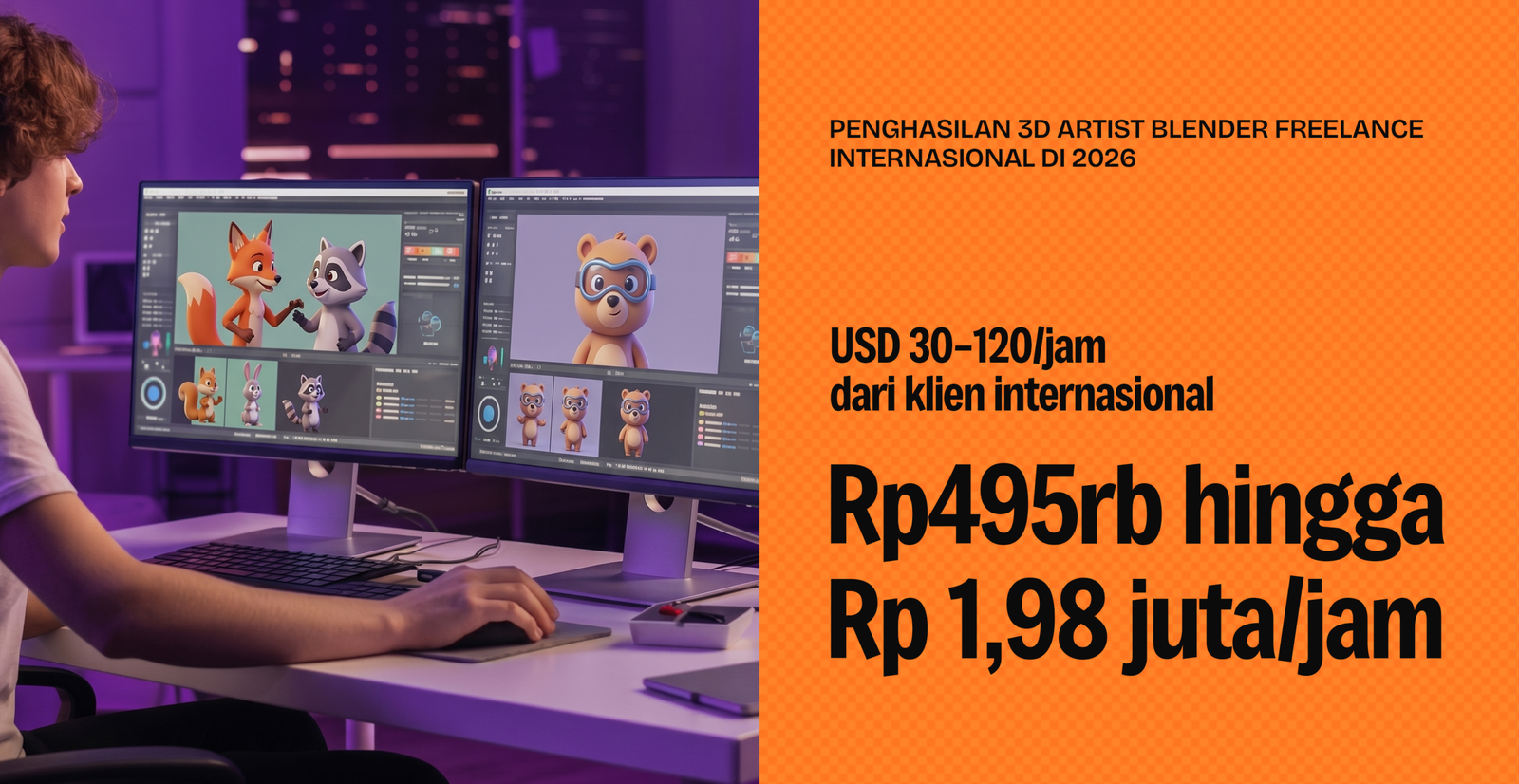Infografis penghasilan 3D Artist Blender freelance internasional 2026: USD 30–120 per jam setara Rp495 ribu hingga Rp1,98 juta per jam