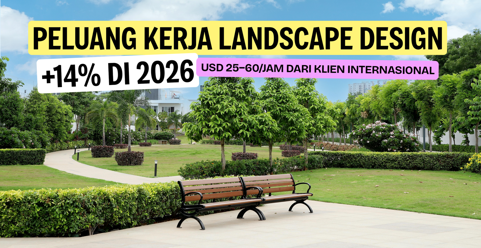 Infografis peluang kerja landscape design 2026 naik 14% dengan potensi penghasilan USD 25–60 per jam dari klien internasional