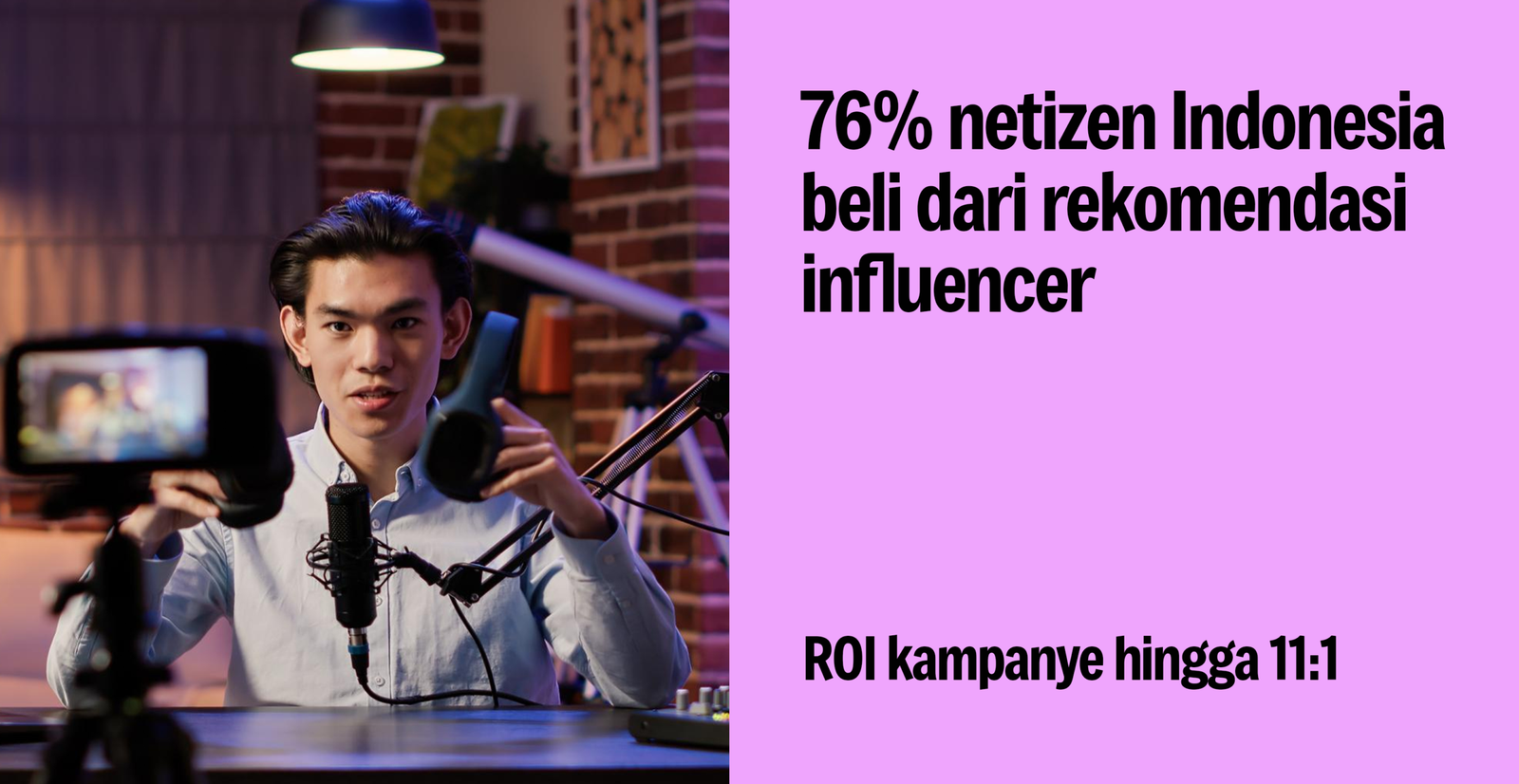 Infografis peluang karier influencer Indonesia 2026: 76% netizen membeli dari rekomendasi influencer dengan ROI kampanye hingga 11:1