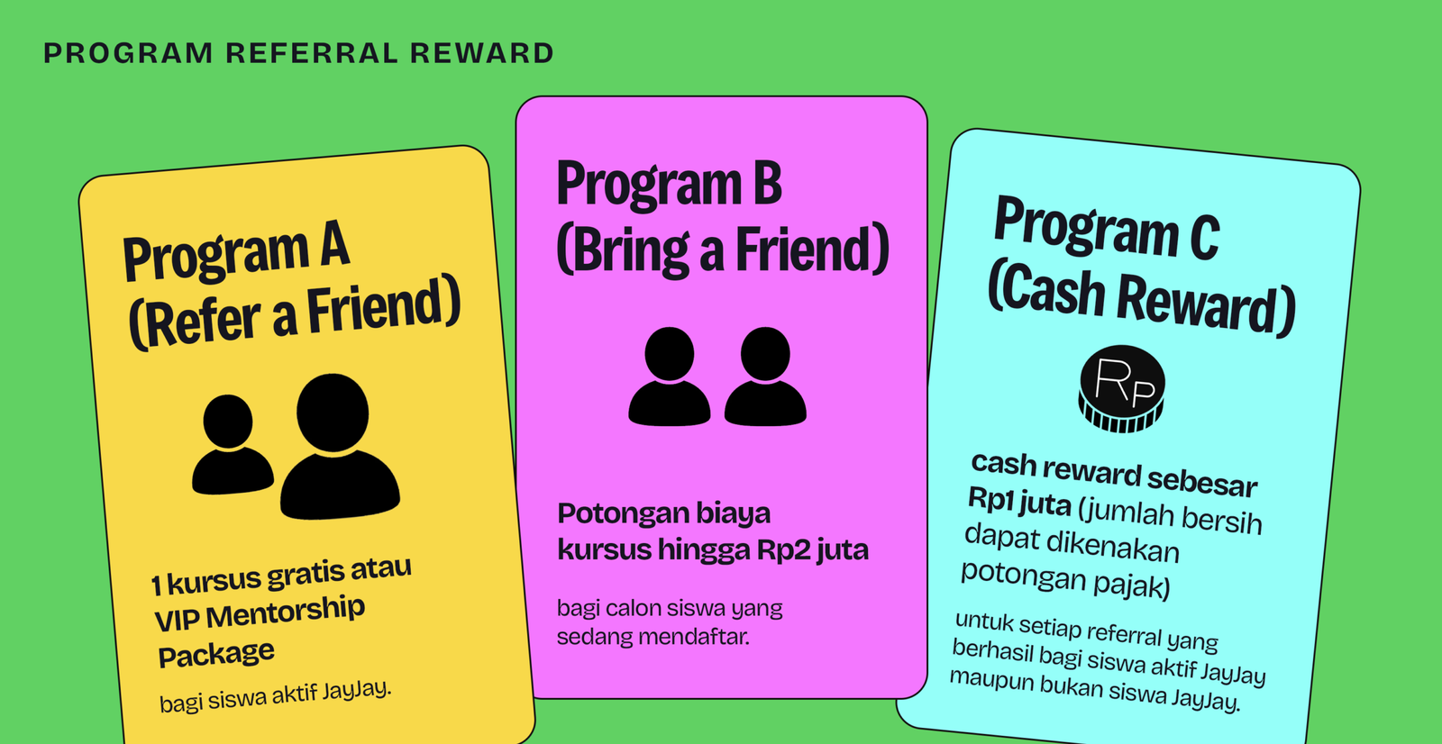 Infografis 3 program referral JayJay: Refer a Friend, Bring a Friend, dan Cash Reward beserta rewardnya 