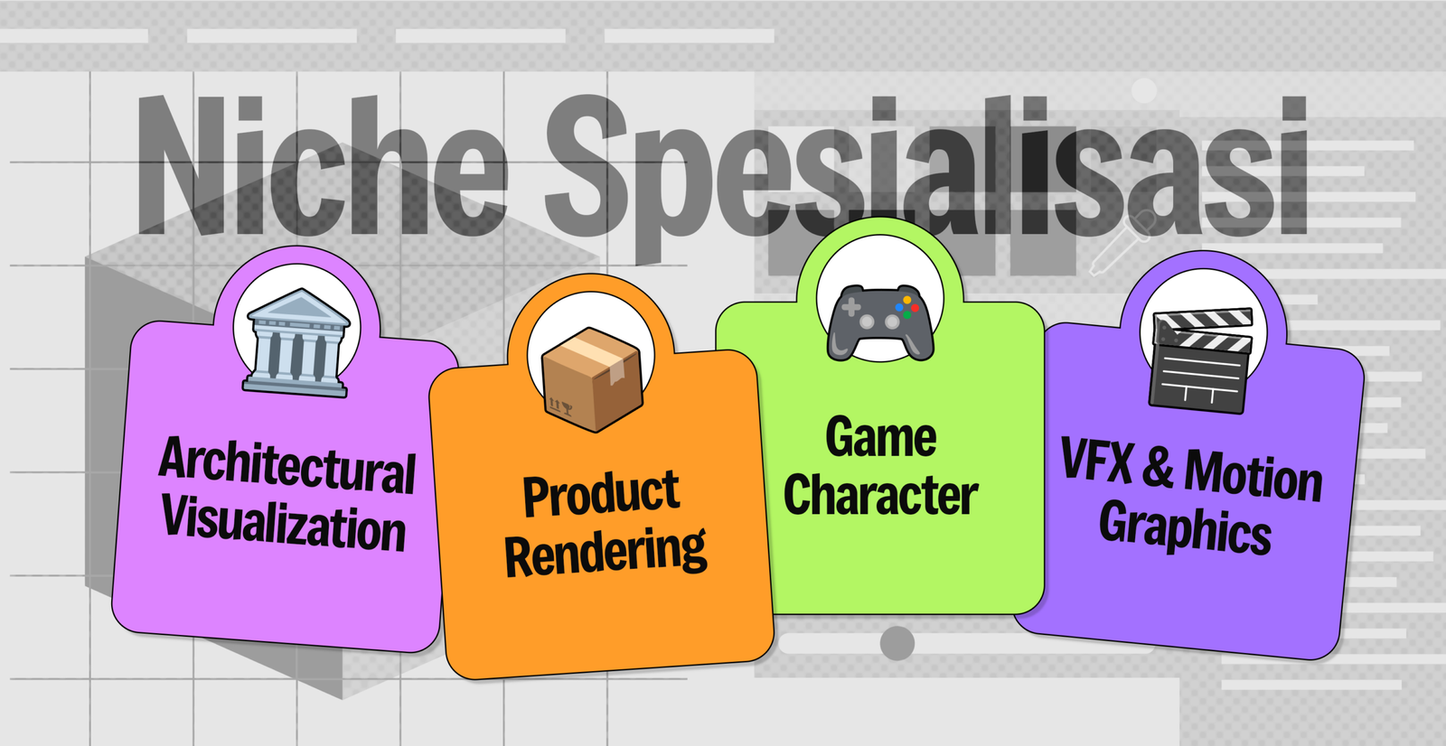 Empat niche spesialisasi 3D Artist Blender paling menguntungkan: architectural visualization, product rendering, game character, VFX dan motion graphics