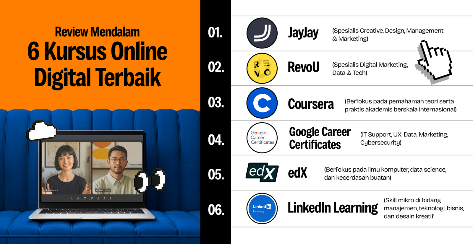 Daftar 6 kursus online terbaik untuk karier digital Indonesia 2026 - JayJay, RevoU, Coursera, Google Career Certificates, edX, LinkedIn Learning