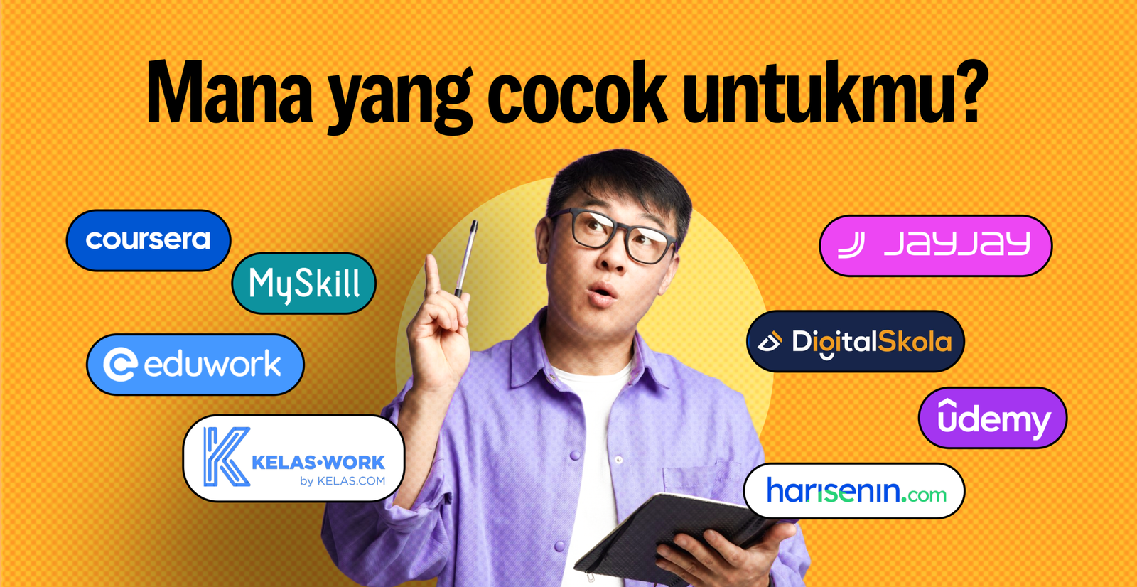 Perbandingan platform kursus social media specialist Indonesia 2026: JayJay, Eduwork, Digital Skola, Harisenin, MySkill, Kelaswork, Udemy, dan Coursera