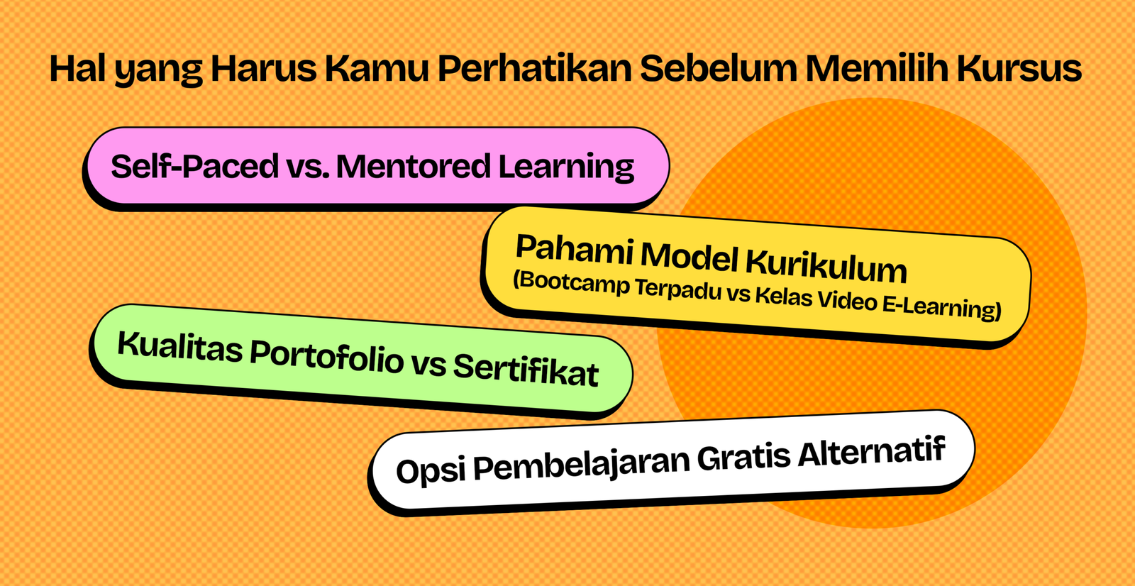 Hal yang perlu diperhatikan sebelum memilih kursus graphic design: self-paced vs mentored, model kurikulum, portofolio vs sertifikat, opsi gratis