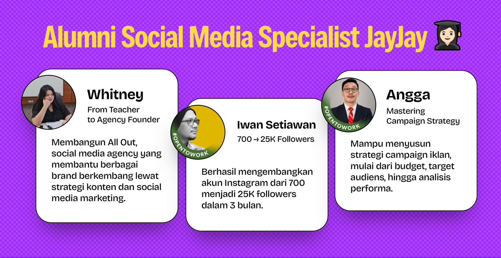 Infografik pemilihan kursus social media specialist berdasarkan kebutuhan: JayJay untuk bootcamp terstruktur, Eduwork untuk magang, Harisenin dan Digital Skola untuk live class malam, MySkill dan Coursera untuk self-paced