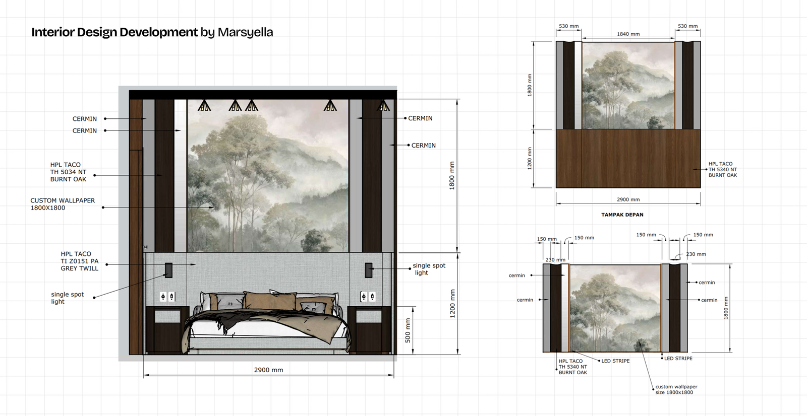 Karya siswa JayJay — denah dan gambar kerja interior desain kamar tidur oleh Marsyella, hasil kursus Interior Designer JayJay