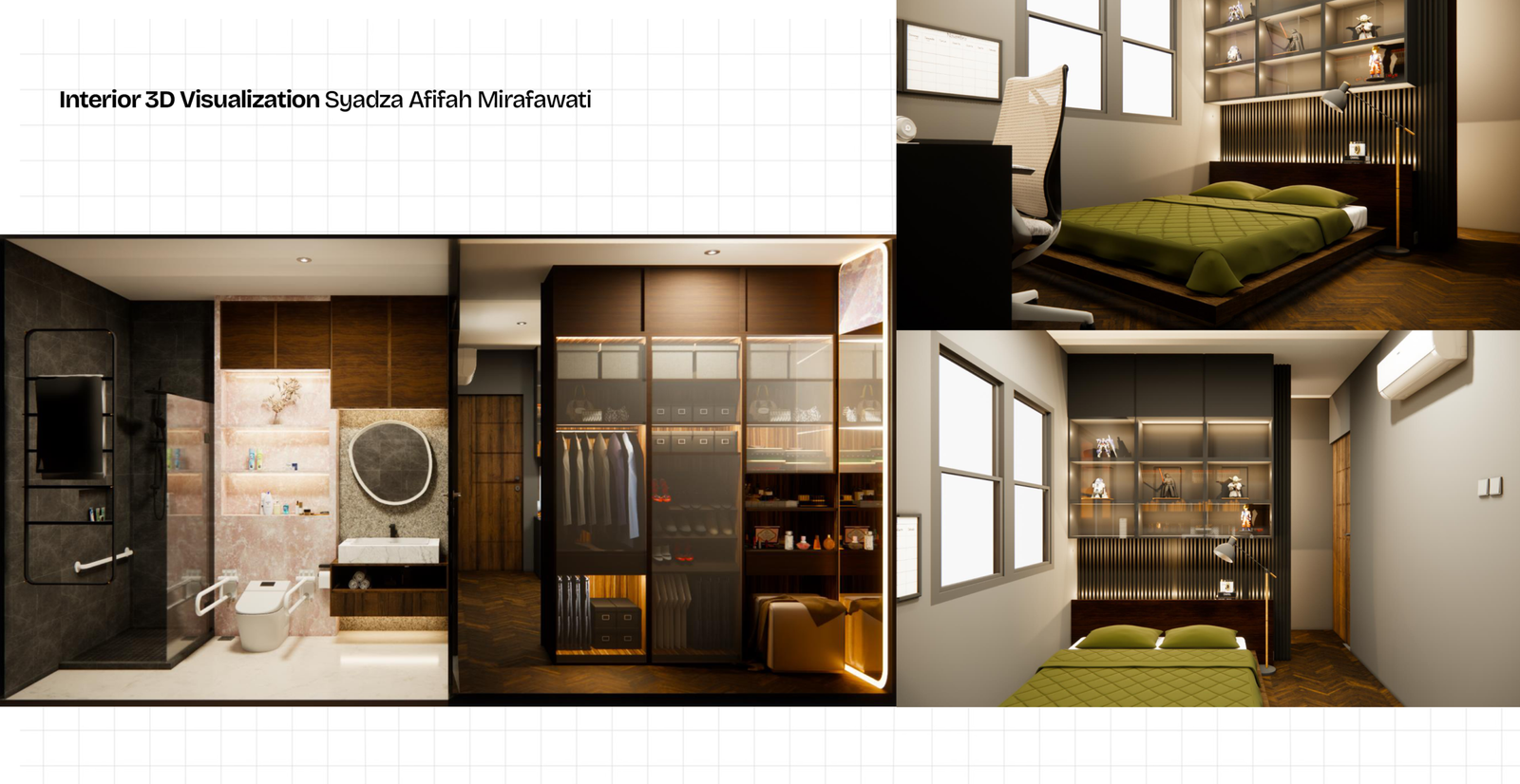 Portofolio siswa JayJay — visualisasi 3D interior kamar mandi dan area tidur oleh Syadza Afifah Mirafawati